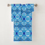 Turquoise, Gray and Cobalt Blue Tile Pattern Bath Towel Set