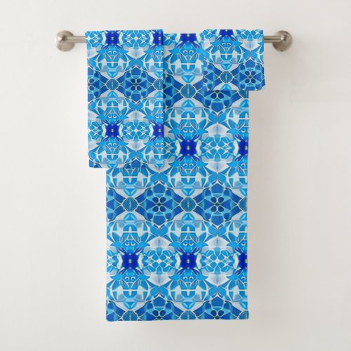 Turquoise Gray and Cobalt Blue Tile Pattern Bath Towel Set