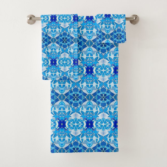 Turquoise, Gray and Cobalt Blue Tile Pattern Bath Towel Set (Insitu)