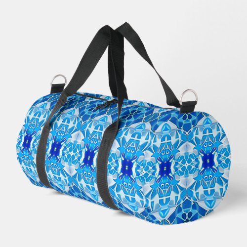 Turquoise Gray and Cobalt Blue Tile Pattern Duffle Bag