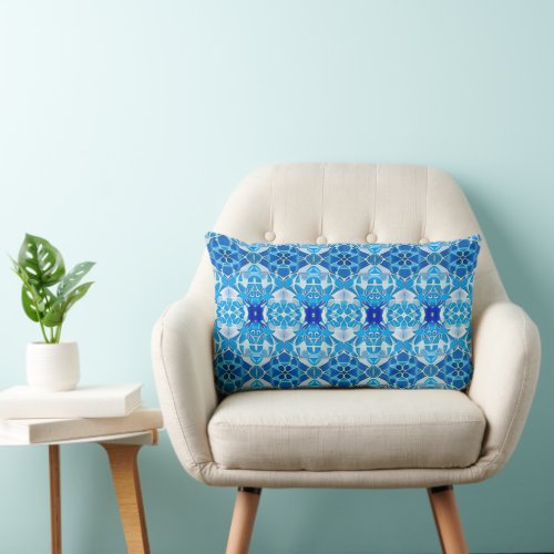Turquoise Gray and Cobalt Blue Tile Pattern Lumbar Pillow