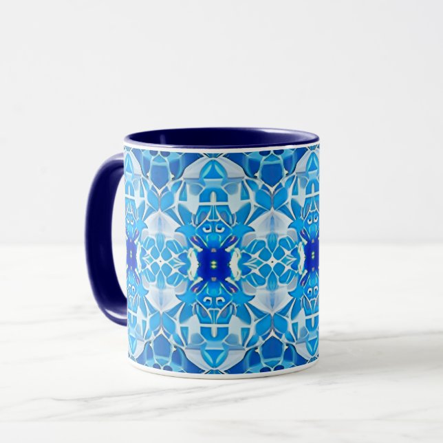 Turquoise, Gray and Cobalt Blue Tile Pattern Mug (Front Left)