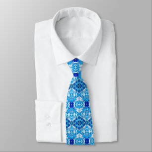 Turquoise, Gray and Cobalt Blue Tile Pattern Neck Tie