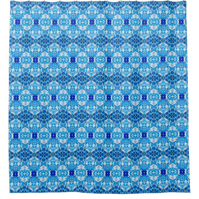 Turquoise, Gray and Cobalt Blue Tile Pattern Shower Curtain (Front)