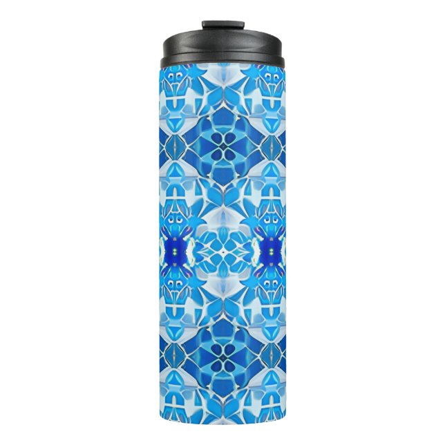 Turquoise, Gray and Cobalt Blue Tile Pattern Thermal Tumbler (Front)