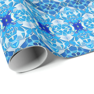 Turquoise, Gray and Cobalt Blue Tile Pattern Wrapping Paper