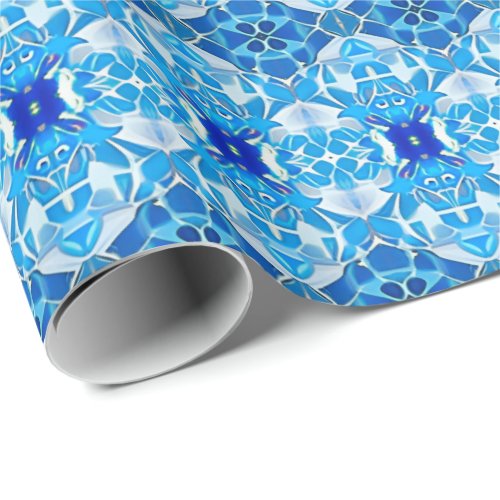 Turquoise Gray and Cobalt Blue Tile Pattern Wrapping Paper