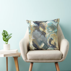 Turquoise, gray and gold fractal abstract throw pillow