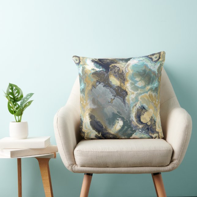 Turquoise, gray and gold fractal abstract throw pillow (Chair)