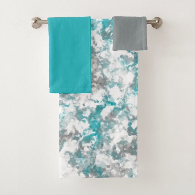 Turquoise gray and white abstract  bath towel set (Insitu)
