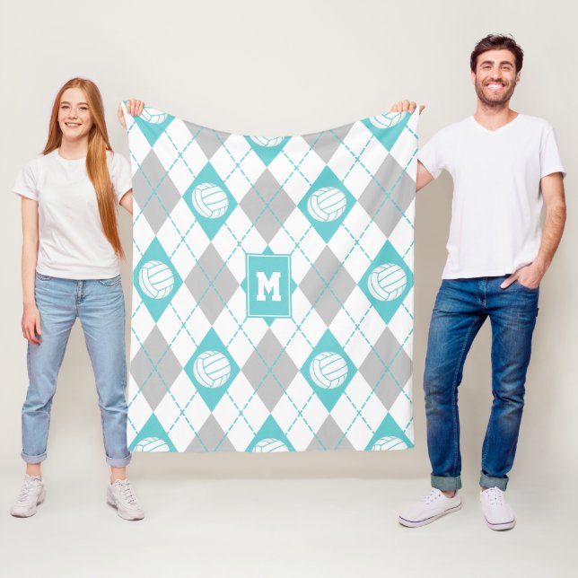 turquoise gray argyle plaid volleyball monogrammed fleece blanket (In Situ)