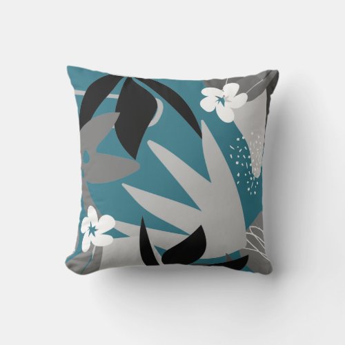 Turquoise  Gray Artistic Abstract Floral Pattern Throw Pillow