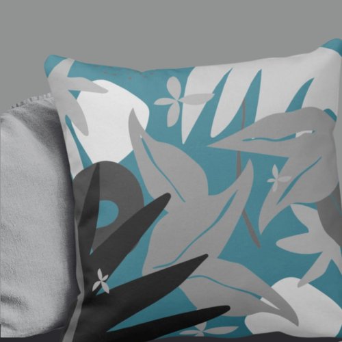 Turquoise  Gray Artistic Abstract Leaves Throw Pillow