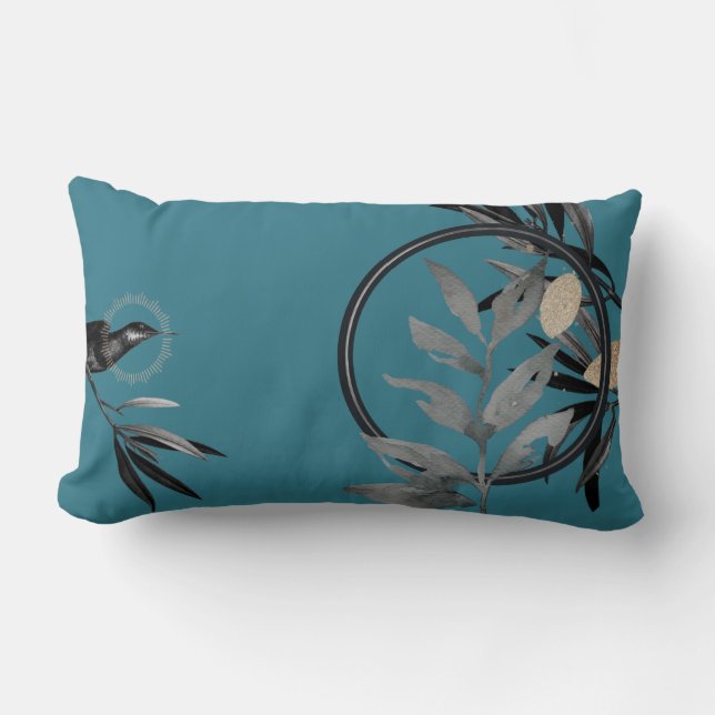 Turquoise & Gray Artistic Watercolor Leaves Lumbar Pillow (Front)