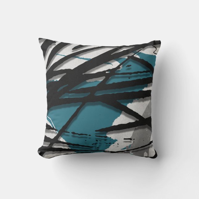 Turquoise Gray & Black Abstract Watercolor Throw Pillow (Front)
