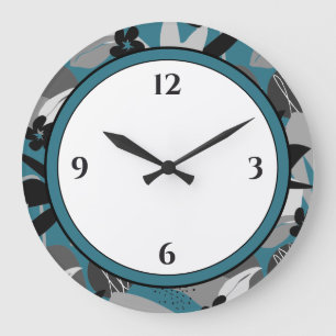 Turquoise Gray Black & White Modern Floral Border Large Clock