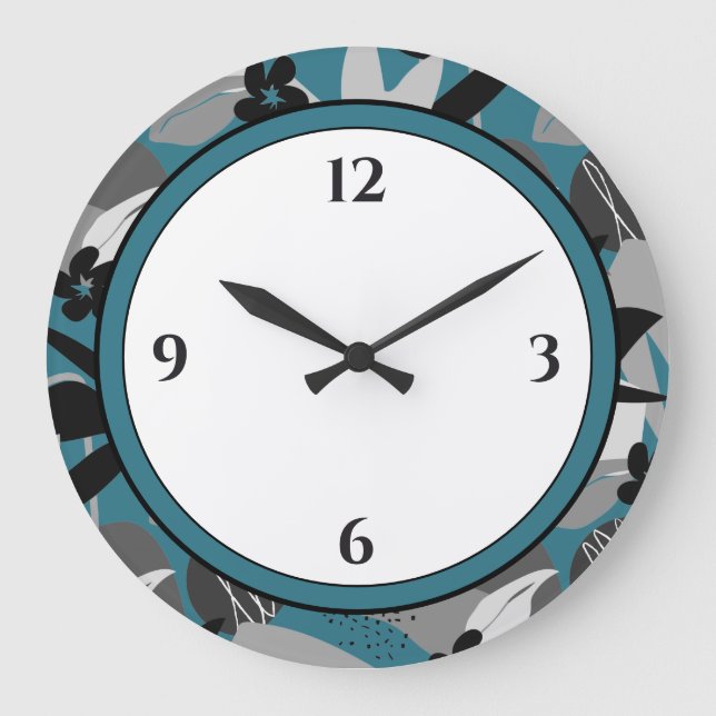 Turquoise Gray Black & White Modern Floral Border Large Clock (Front)