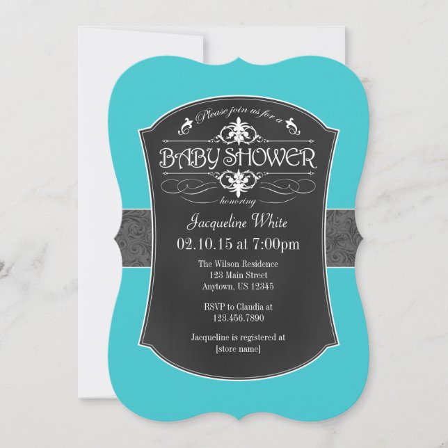 Turquoise Gray Chalkboard Baby Shower Invitation (Front)