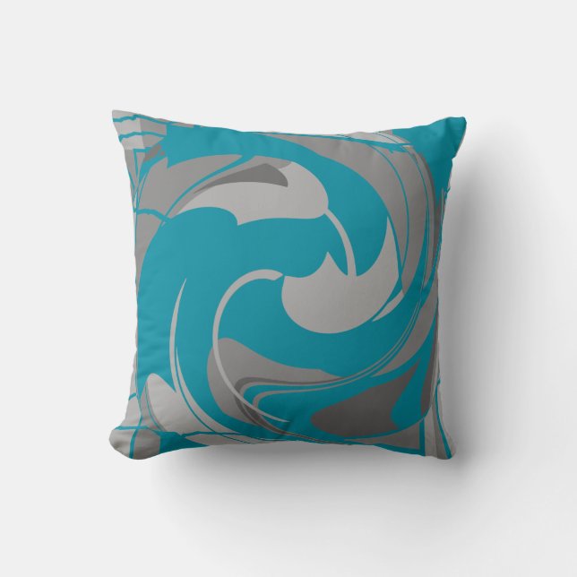 Turquoise Gray Charcoal Floral Swirling Abstract Throw Pillow (Front)