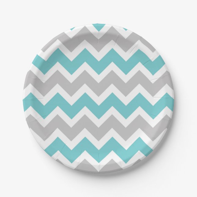 turquoise gray chevron baby shower bridal party paper plates (Front)