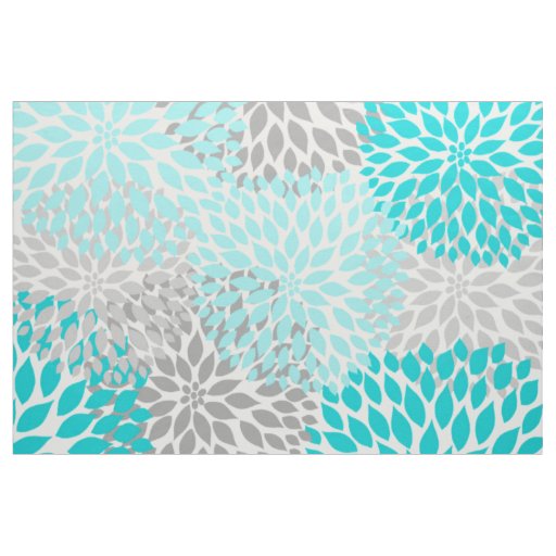 Turquoise Gray Dahlia Floral blooms blossoms Fabric