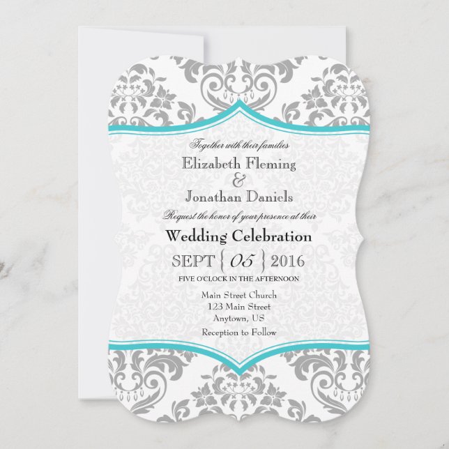 Turquoise Gray Damask Bracket Wedding Invite (Front)