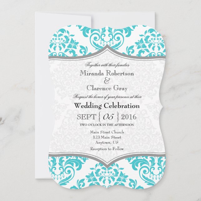Turquoise Gray Damask Bracket Wedding Invite (Front)