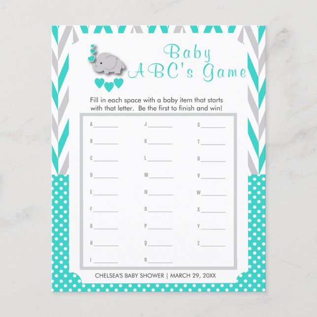 Turquoise & Gray Elephant Baby Shower - ABC's Flyer (Front)