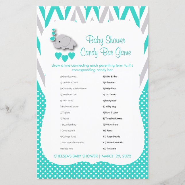 Turquoise & Gray Elephant Baby Shower - Candy (Front)