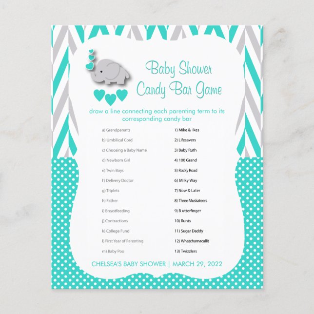 Turquoise & Gray Elephant Baby Shower - Candy Bar Flyer (Front)