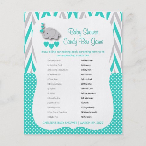Turquoise  Gray Elephant Baby Shower _ Candy Bar Flyer