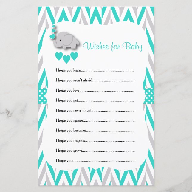 Turquoise & Gray Elephant Baby Shower - Wishes (Front)