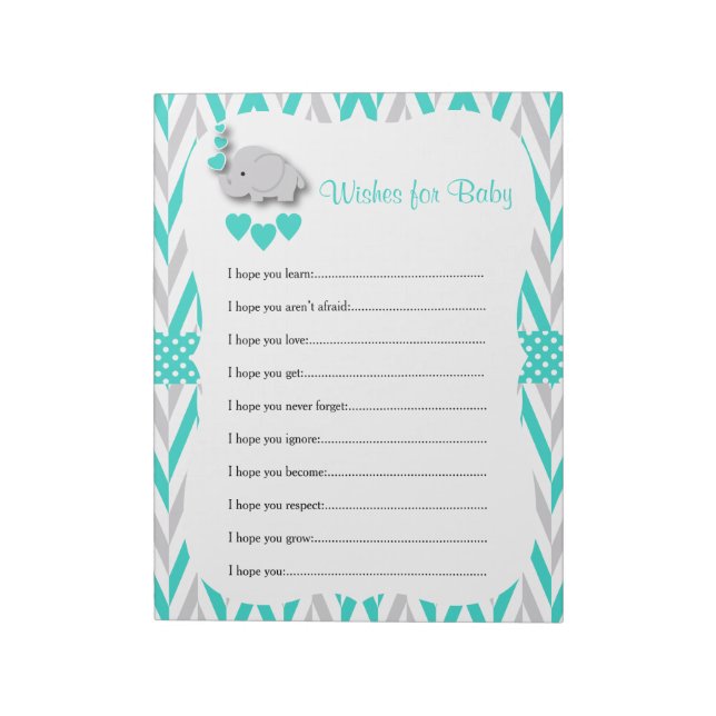 Turquoise & Gray Elephant Baby Shower - Wishes Notepad (Rotated)