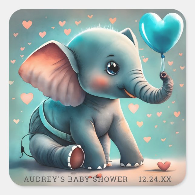 Turquoise Gray Elephant Boy Baby Shower Stickers (Front)