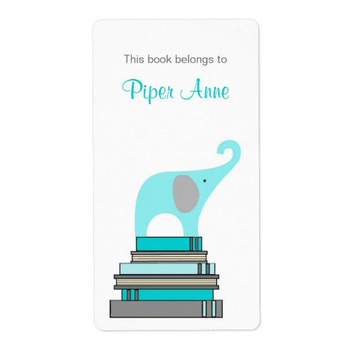 Turquoise  Gray Elephant on books book plate
