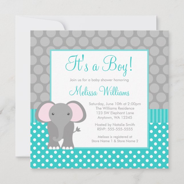Turquoise Gray Elephant Polka Dot Boy Baby Shower Invitation (Front)