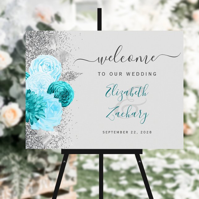 Turquoise Gray Floral Silver Wedding Welcome Foam Board (Creator Uploaded)