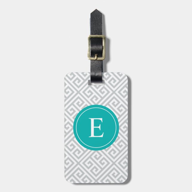 Turquoise & Gray Greek Key | Luggage Tag (Front Vertical)