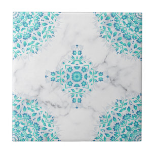 Turquoise Gray Marble Floral Geometric Ceramic Tile
