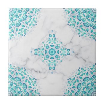 Turquoise Gray Marble Floral Geometric Ceramic Tile by NinaBaydur at Zazzle
