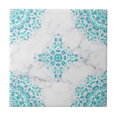 Turquoise Gray Marble Floral Geometric Ceramic Tile