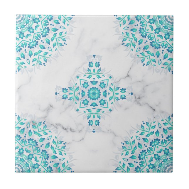 Turquoise Gray Marble Floral Geometric Ceramic Tile (Front)