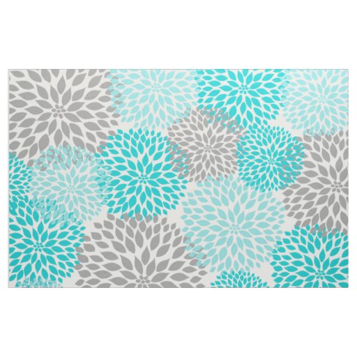 Turquoise Gray Modern Dahlia floral print Fabric