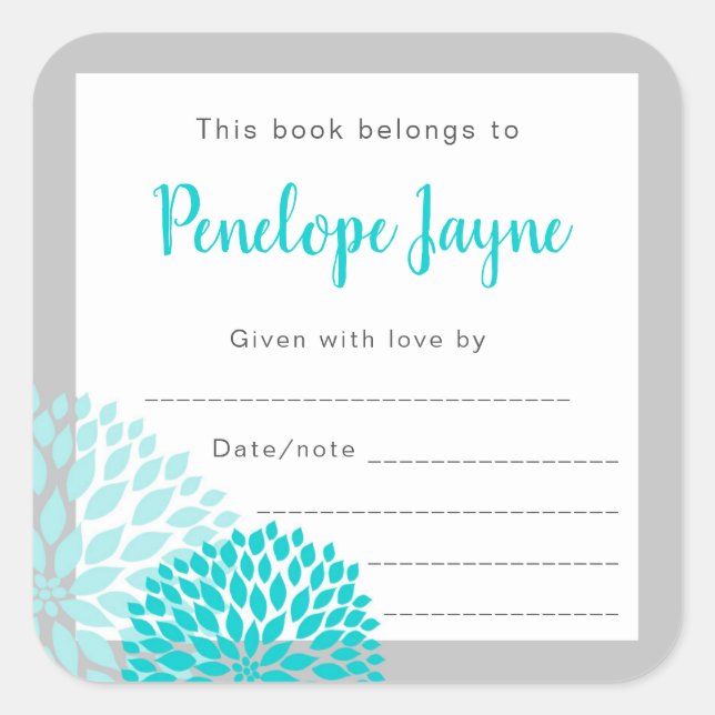 Turquoise Gray Mums baby shower bookplate (Front)