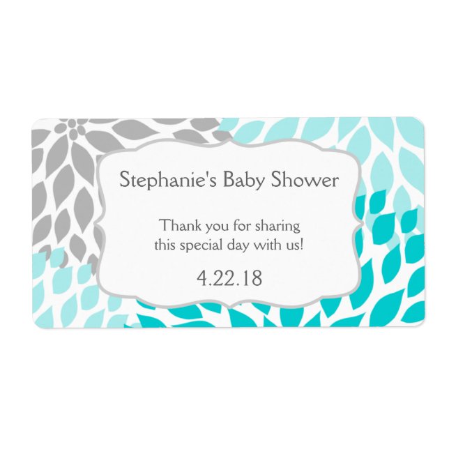 Turquoise Gray Mums Water Bottle Favor Label (Front)