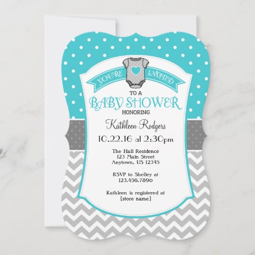 Turquoise Gray Polkadot Chevron Baby Shower Invite