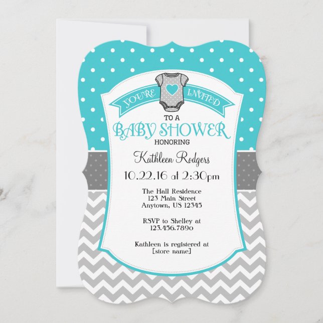 Turquoise Gray Polkadot Chevron Baby Shower Invite (Front)