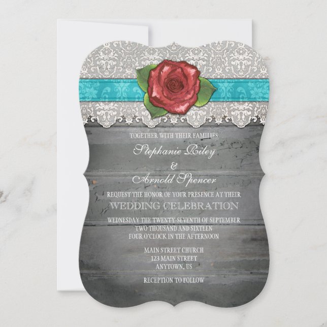 Turquoise Gray Rustic Wood Rose Wedding Invite (Front)