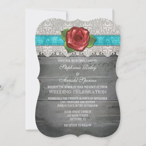 Turquoise Gray Rustic Wood Rose Wedding Invite