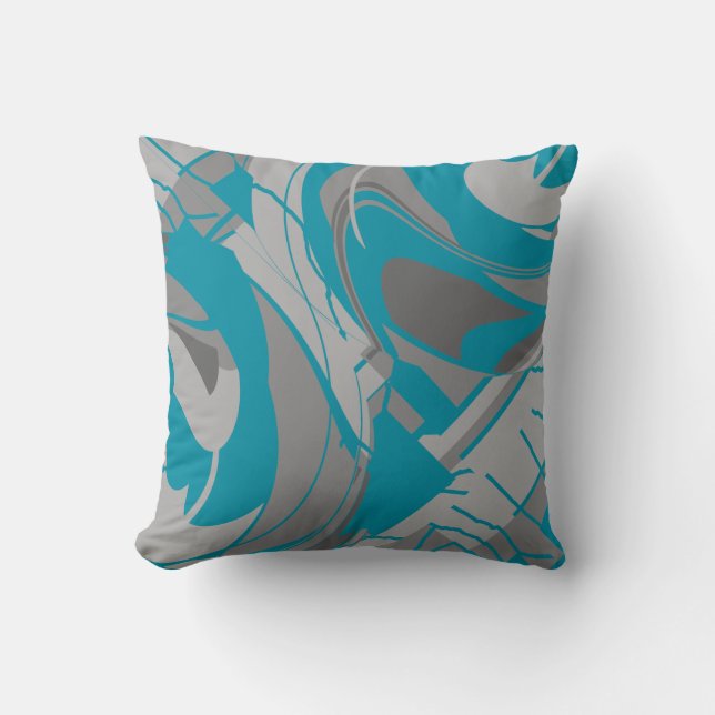 Turquoise Gray Shades Charcoal Swirling Shapes Throw Pillow (Front)